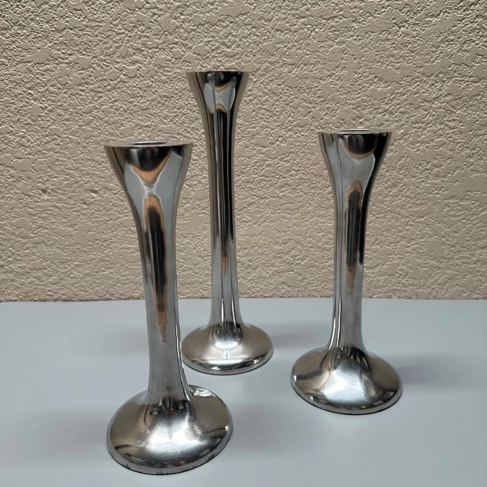 Pottery Barn Set of Three Egg Silver Tone Metal Taper Candle Holders